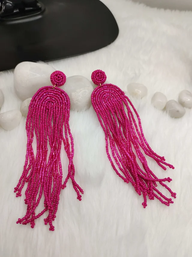 Pink Rainbow Tassel Beaded Earrings
