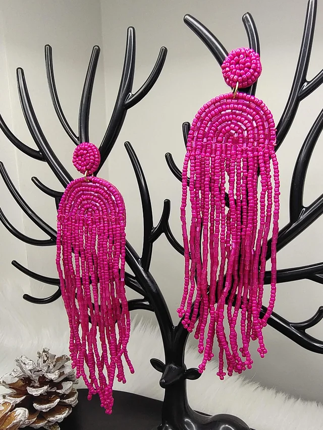 Pink Rainbow Tassel Beaded Earrings