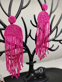 Pink Rainbow Tassel Beaded Earrings
