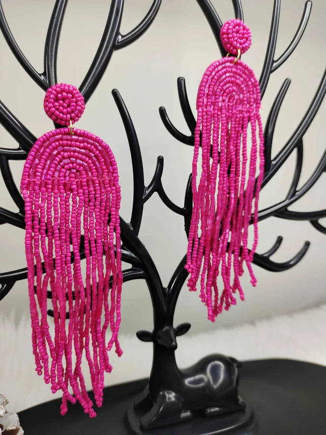 Pink Rainbow Tassel Beaded Earrings