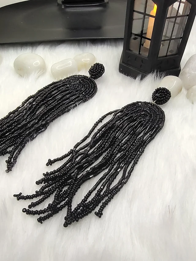 Black Rainbow Tassel Beaded Earrings
