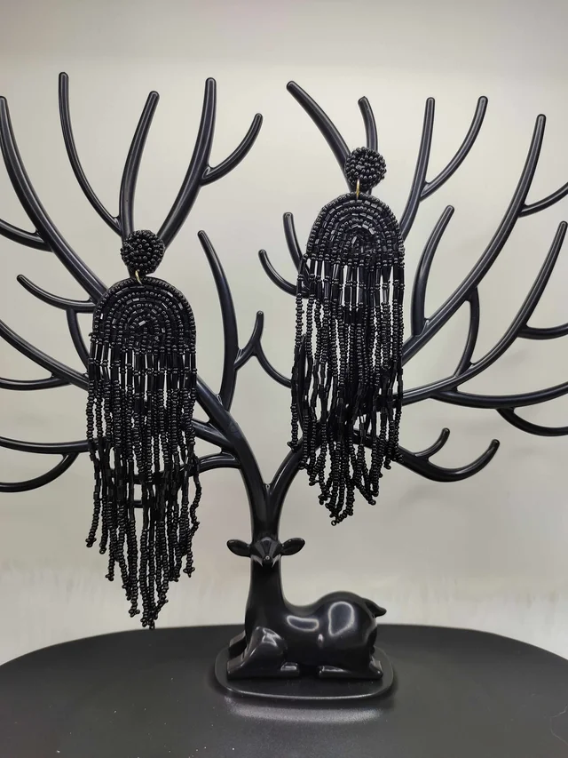 Black Rainbow Tassel Beaded Earrings