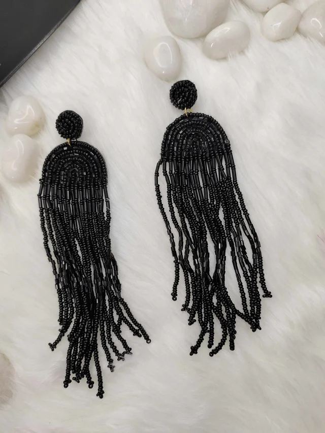 Black Rainbow Tassel Beaded Earrings