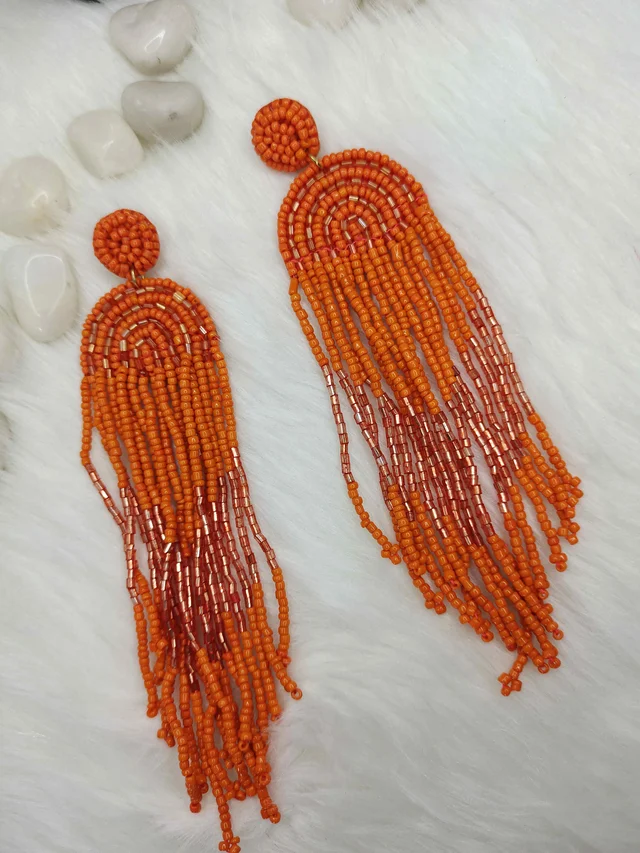 Orange Rainbow Tassel Beaded Earrings