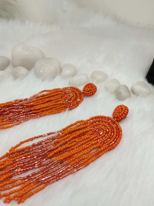 Orange Rainbow Tassel Beaded Earrings