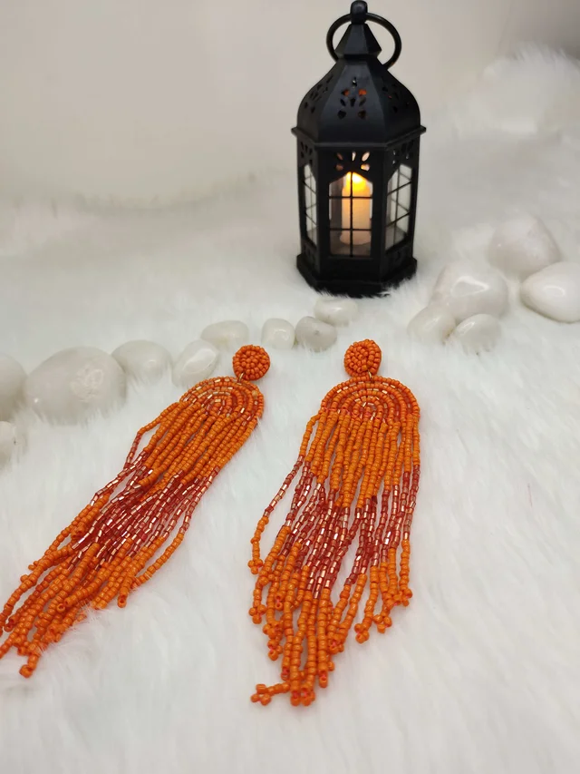Orange Rainbow Tassel Beaded Earrings