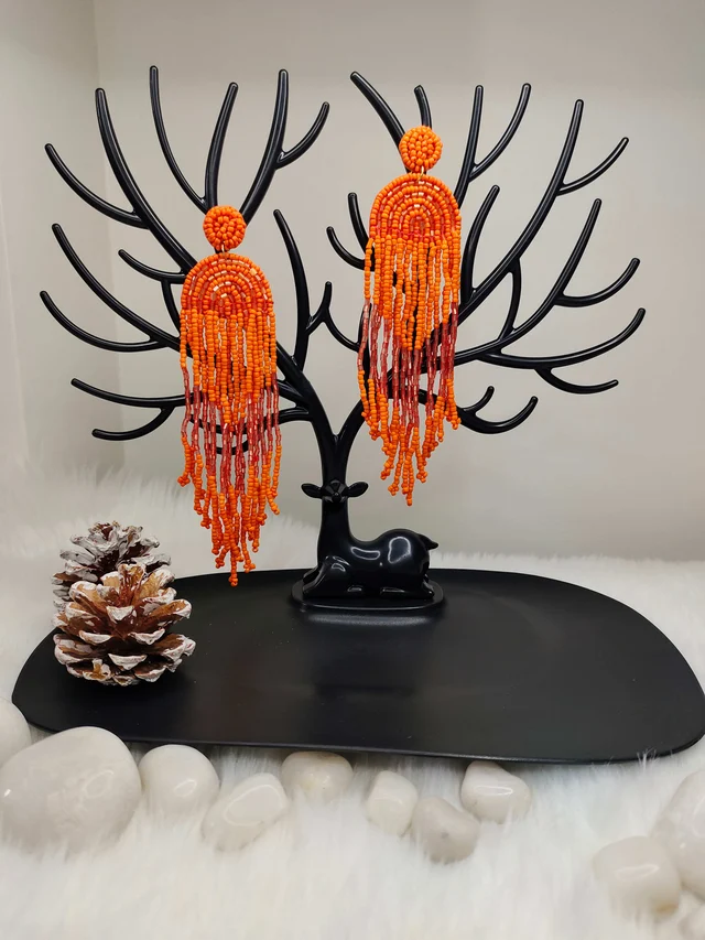 Orange Rainbow Tassel Beaded Earrings