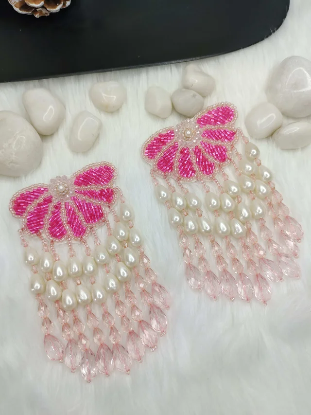 Semi Flower Tassel Beaded Earrings Pink