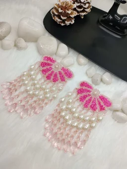 Semi Flower Tassel Beaded Earrings Pink