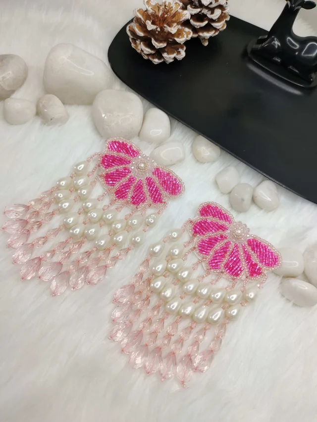 Semi Flower Tassel Beaded Earrings Pink