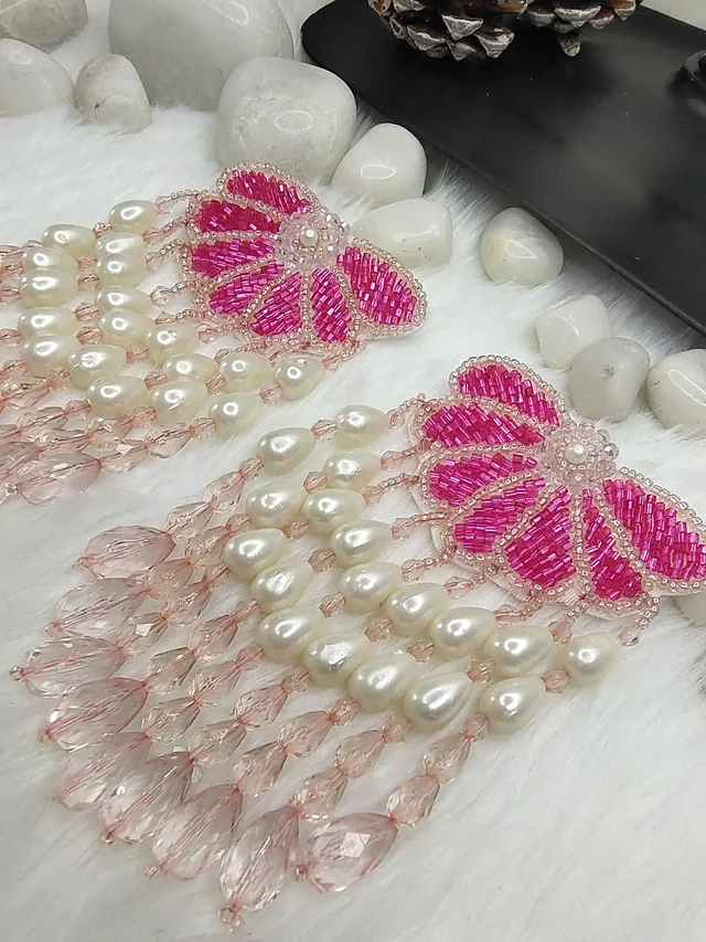 Semi Flower Tassel Beaded Earrings Pink
