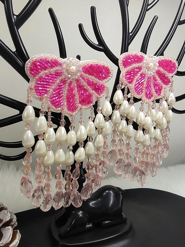 Semi Flower Tassel Beaded Earrings Pink