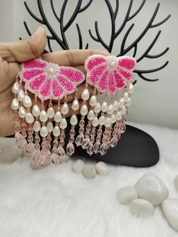Semi Flower Tassel Beaded Earrings Pink