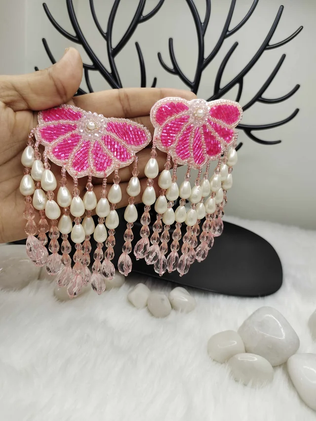 Semi Flower Tassel Beaded Earrings Pink