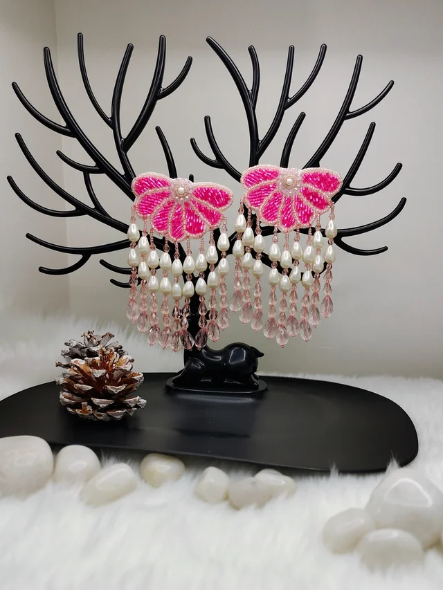 Semi Flower Tassel Beaded Earrings Pink