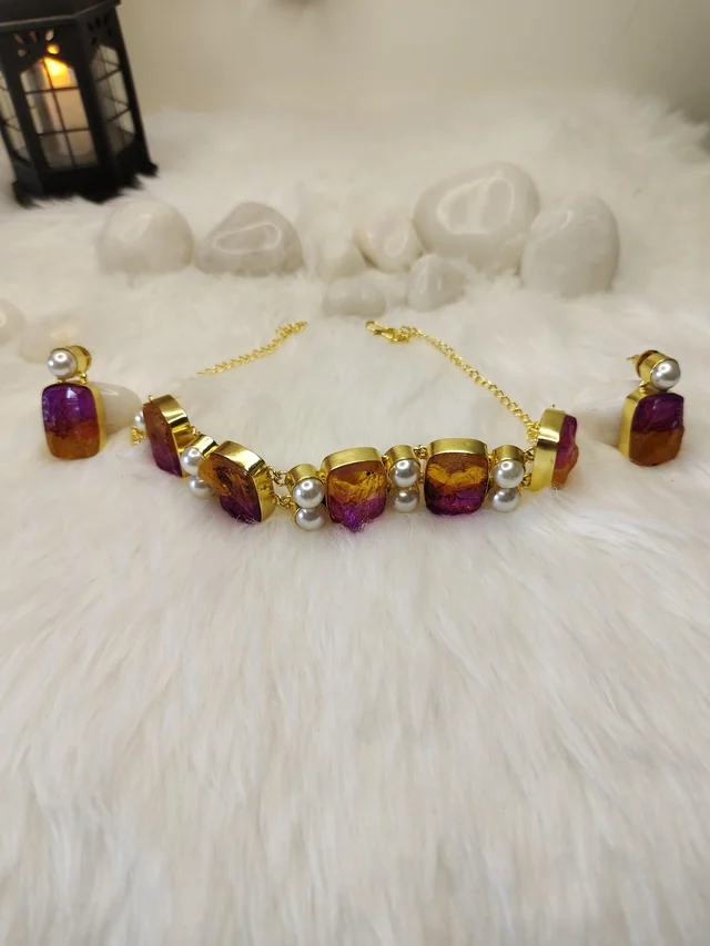 Citrine And Amethyst Choker Set Necklace