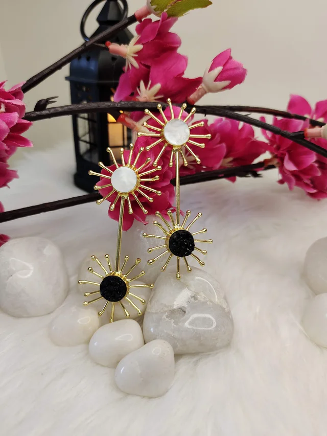 Twin Sun MOP And Druzy Stone Earrings