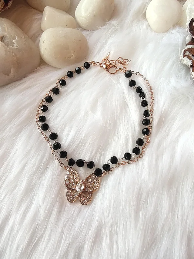 Butterfly And Black Beads Double Bracelet Stainless Steel Rose Gold
