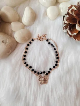 Butterfly And Black Beads Double Bracelet Stainless Steel Rose Gold