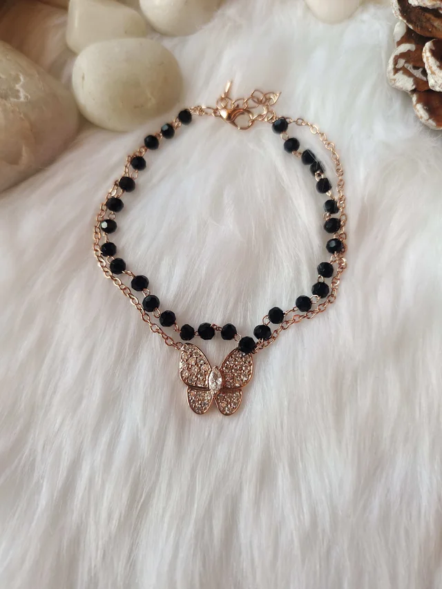 Butterfly And Black Beads Double Bracelet Stainless Steel Rose Gold