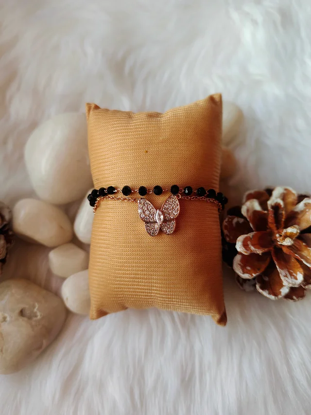 Butterfly And Black Beads Double Bracelet Stainless Steel Rose Gold