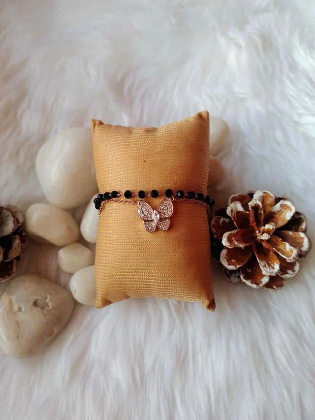 Butterfly And Black Beads Double Bracelet Stainless Steel Rose Gold