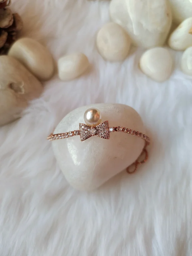 Diamond Bow With Pearl Cute Rose Gold Bracelet