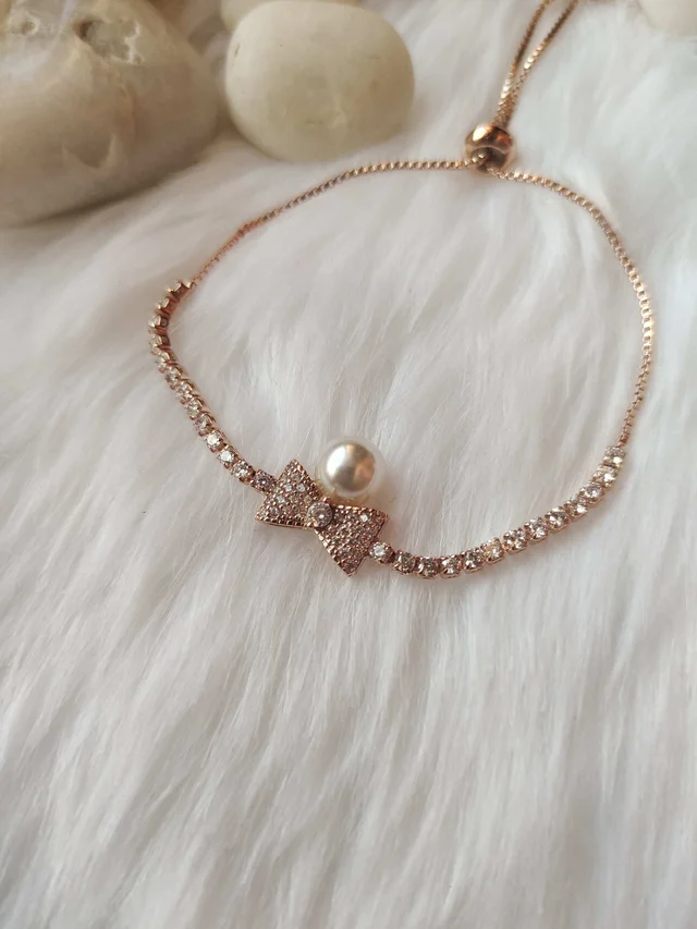 Diamond Bow With Pearl Cute Rose Gold Bracelet