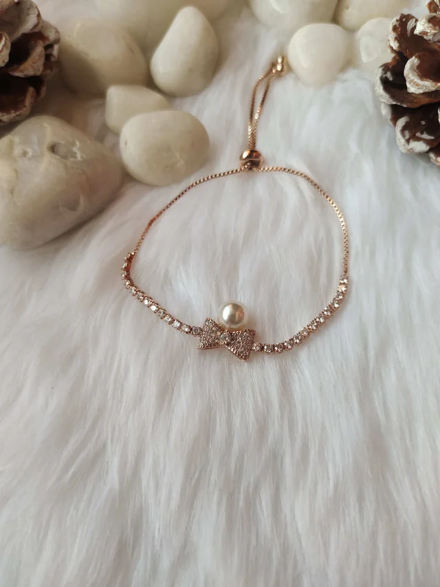 Diamond Bow With Pearl Cute Rose Gold Bracelet