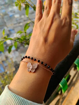 Butterfly And Black Beads Double Bracelet Stainless Steel Rose Gold