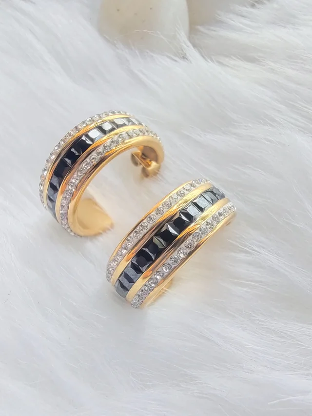 Stainless Steel Black Stone And Diamonds Hoops- Earrings
