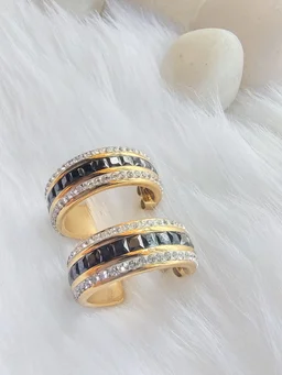 Stainless Steel Black Stone And Diamonds Hoops- Earrings
