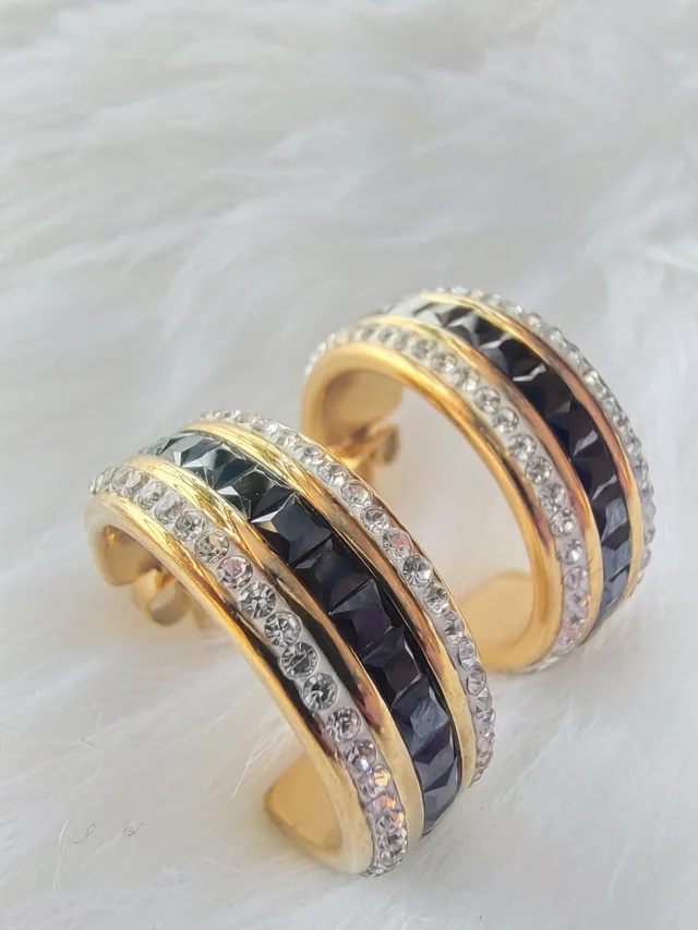 Stainless Steel Black Stone And Diamonds Hoops- Earrings