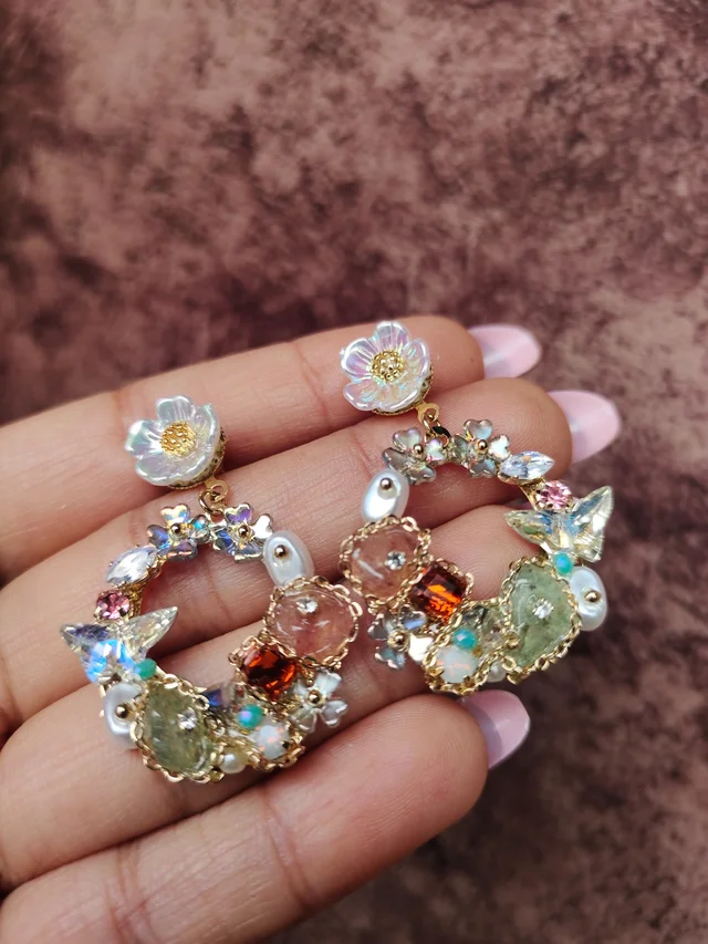 Crystals Flower Wreath Design Drop Earrings