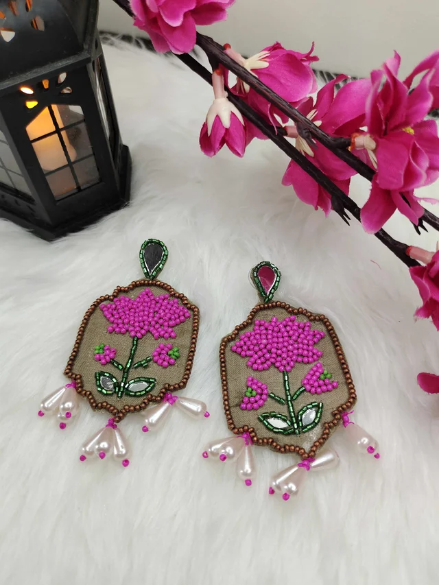 Pink Lotus Beaded Danglers Earrings