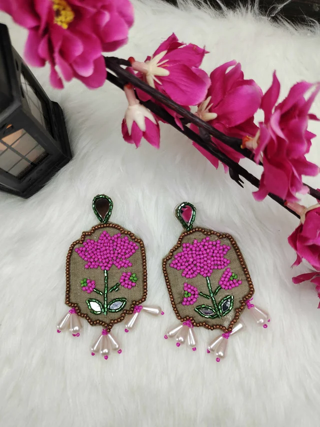 Pink Lotus Beaded Danglers Earrings