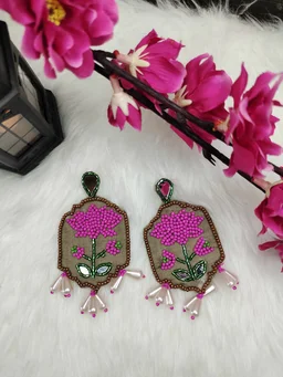 Pink Lotus Beaded Danglers Earrings
