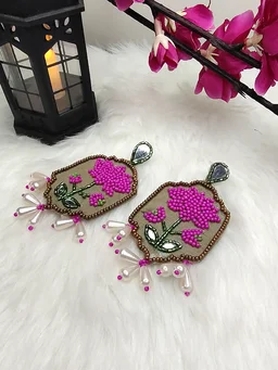 Pink Lotus Beaded Danglers Earrings