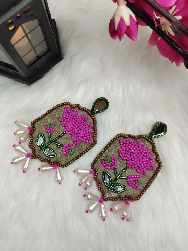 Pink Lotus Beaded Danglers Earrings