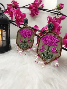 Pink Lotus Beaded Danglers Earrings