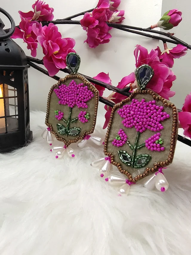 Pink Lotus Beaded Danglers Earrings