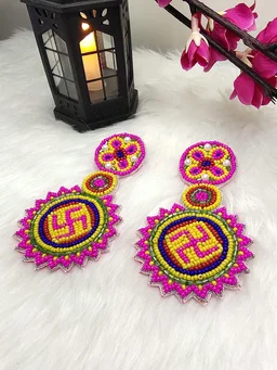 Pink Swastik Beaded Earrings