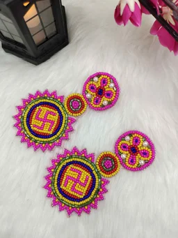 Pink Swastik Beaded Earrings