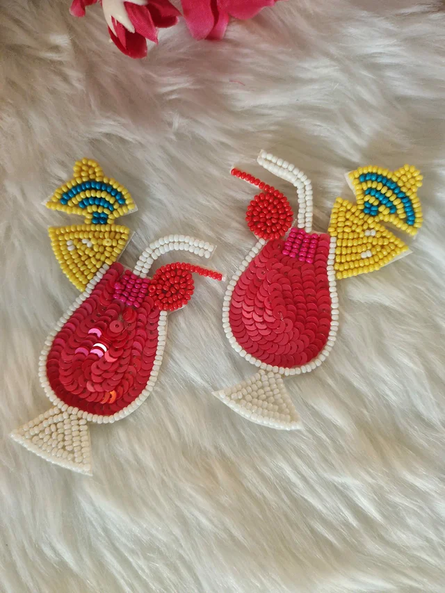 Pink Cocktail Glass Beaded Earrings