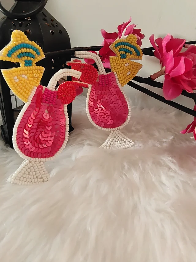 Pink Cocktail Glass Beaded Earrings