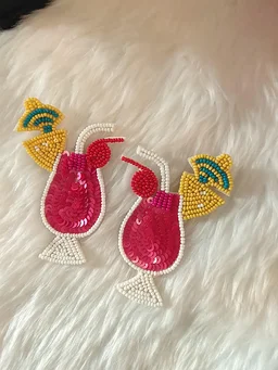 Pink Cocktail Glass Beaded Earrings