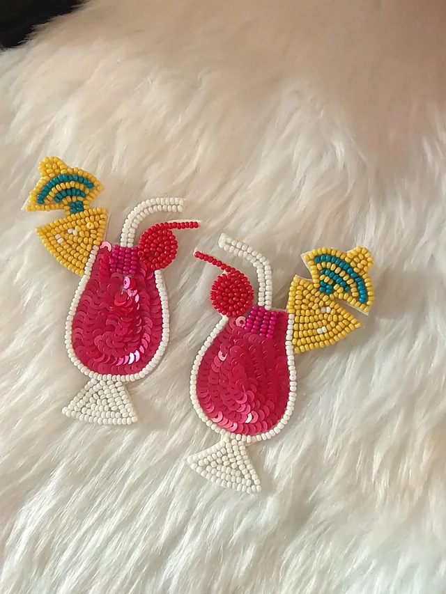 Pink Cocktail Glass Beaded Earrings