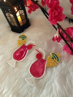 Pink Cocktail Glass Beaded Earrings