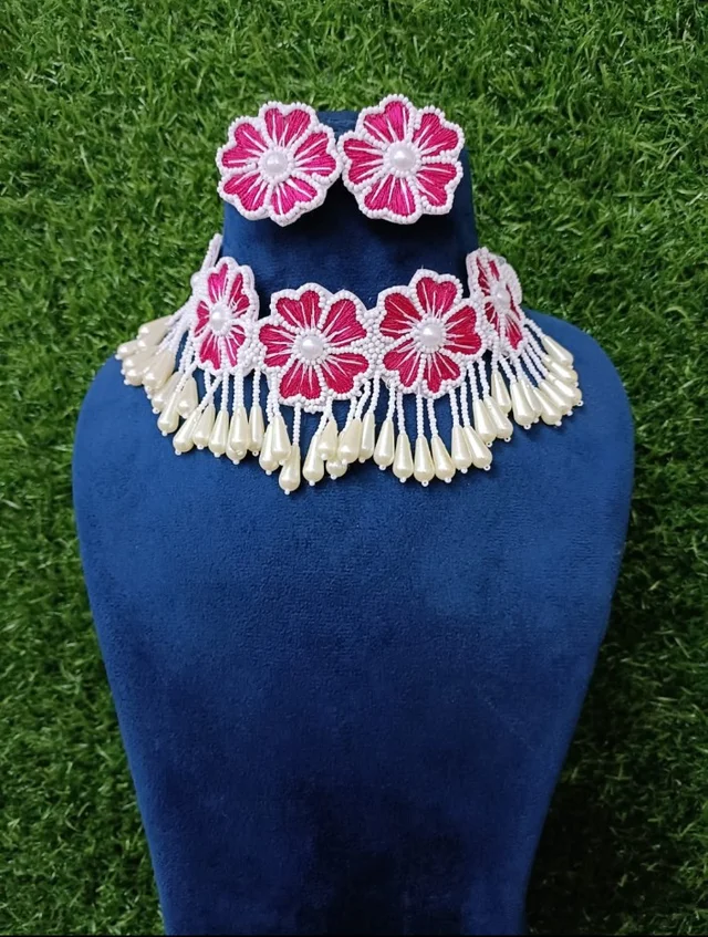Pink Flower Choker Necklace Set