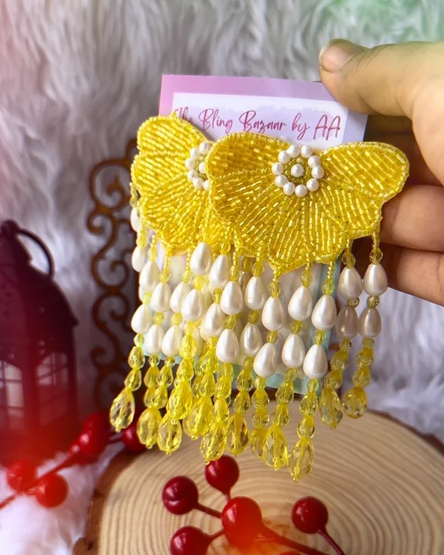 Semi Flower Tassel Beaded Earrings Yellow